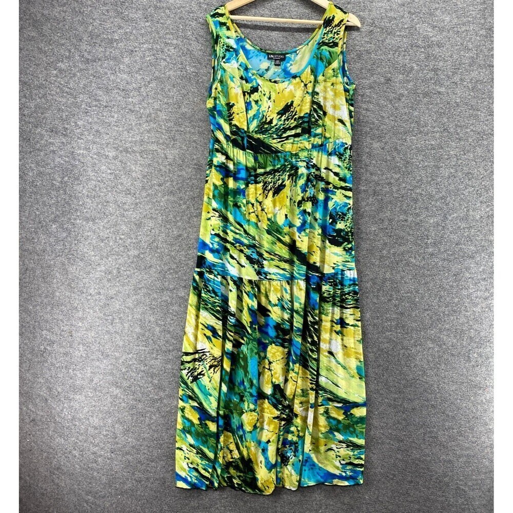 I.N. Studio Dress Women 14W Plus Yellow Colorblock Maxi Long Sleeveless Casual
